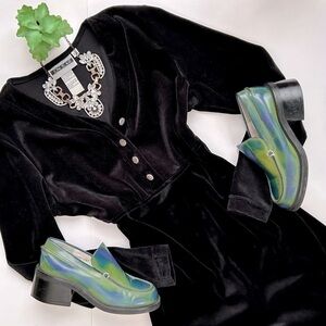 Vintage 90s Y2K Joni Blair Black Velvet Ribbed 3/4 Sleeve Dress Size 7/8 Small